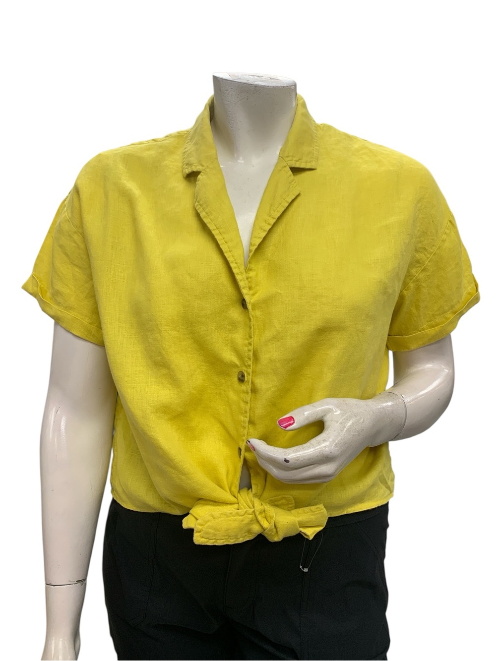 Contemporaine Linen Yellow Short-Sleeve Tie-Front Button Down Shirt
